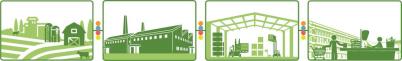 Four pictures in a row. From left to right: a farm, a processing plant, a warehouse, a grocery store.